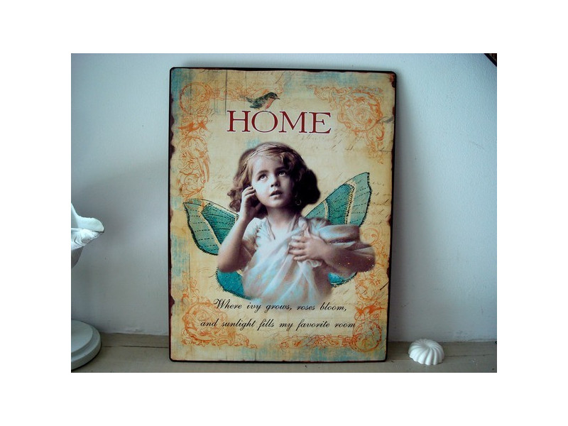 Plaque murale déco fillette papillon "Home"