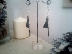 Boucles d'oreilles plume et pompon gris