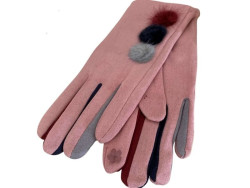 Gants rose poudré pour femmes aux 3 pompons et doigts multicolores