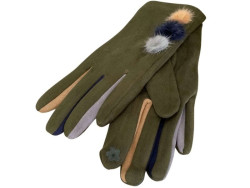 Gants kaki pour femmes aux 3 pompons et doigts multicolores
