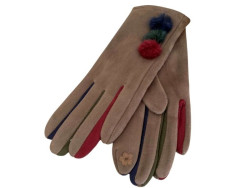 Gants marron pour femmes aux 3 pompons et doigts multicolores