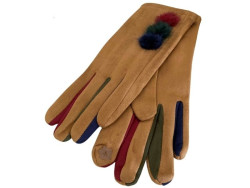 Gants beige pour femmes aux 3 pompons et doigts multicolores