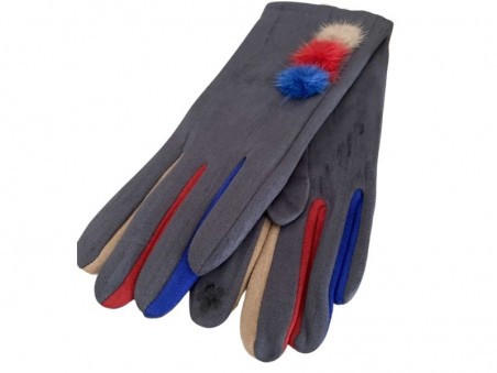 Gants gris pour femmes aux 3 pompons et doigts multicolores