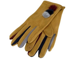 Gants moutarde pour femmes aux 3 pompons et doigts multicolores