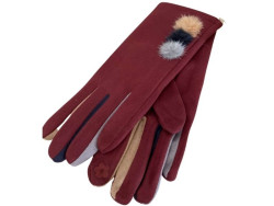 Gants bordeaux pour femmes aux 3 pompons et doigts multicolores