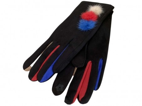 Gants noirs pour femmes aux 3 pompons et doigts multicolores
