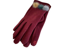 Gants femme coloris bordeaux aux 3 pompons